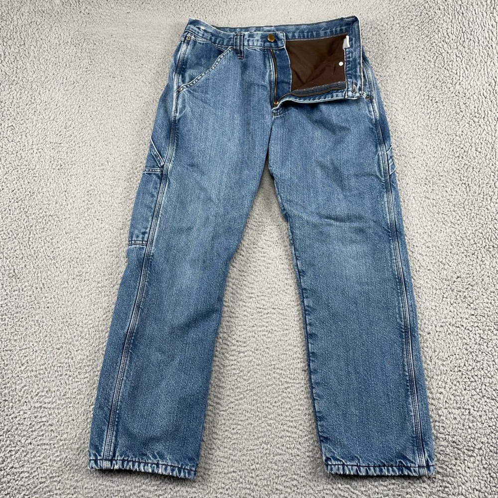Wrangler Carpenter Jeans Mens 30x28 Blue Flannel Lined Denim Workwear Utility